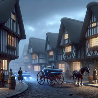 A foggy, nighttime view of an English Tudor village. Timber-framed homes with neon signage contrast with the misty ambiance. Horse-drawn carriages traverse cobblestone paths, passing humanoid robots engaging in conversation