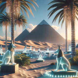 : A serene desert scene with grand pyramids in the distance. Leafy palm trees with subtle LED lights stand tall, and majestic Anubis statues, enhanced with holographic details, guard the oasis.
