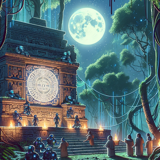 A tranquil Nordic fjord under the mesmerizing Aurora Borealis. Viking longships with technologically advanced sails are moored near futuristic platforms, while villagers and robotic entities gather around warm bonfires.