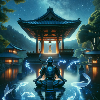  A peaceful ancient Japanese shrine under a constellation-filled night sky. A meditating samurai sits by a calm pond, his traditional armor fused with modern tech elements, while luminous koi fish swim gracefully below.