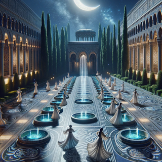 A moonlit garden within a Byzantine palace. Intricate mosaic paths glisten with LED designs, while dancers in ethereal robes dance gracefully beside their robotic counterparts amidst musical fountains.