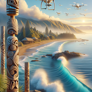 A serene coastal view of New Zealand showcasing Maori tribal totem poles. Traditional carvings stand tall next to their technologically advanced counterparts, with the ambient sound of waves and overhead drone birds setting the mood.
