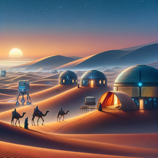 A tranquil Saharan desert landscape during dusk. Traditional Bedouin tents juxtapose with futuristic habitation structures. Nomads on camels interact with robotic entities against a backdrop of sand dunes infused with digital motifs.