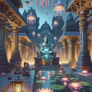  A sacred Indian temple courtyard bathed in the soft hues of twilight. Ancient stone sculptures and serene lotus ponds harmonize with holographic divine projections and high-tech lantern drones.