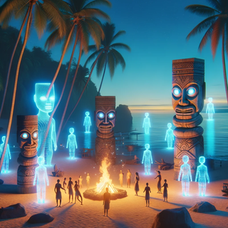 A tranquil Polynesian island beach during nightfall. Tiki statues of yesteryears merge with futuristic totems, and islanders dance around a bonfire, their forms intermingling with ethereal holographic figures.