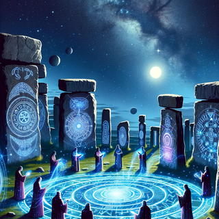  A starlit scene showcasing an ancient Celtic stone circle. Enigmatic runes on the stones radiate with holographic emblems, and druids in classic robes engage in rituals next to android beings.