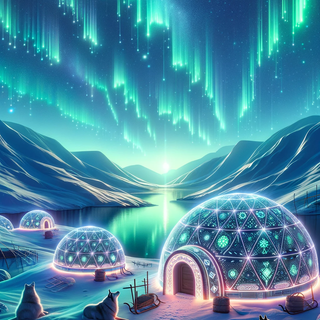 A peaceful Arctic vista under the captivating Northern Lights. Traditional Inuit igloos gleam with neon designs, while sled dogs relax alongside robotic companions beneath the celestial display.