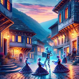  A scenic Balkan village square as twilight descends. The cobblestone pathways glisten with digital motifs, and folk dancers in traditional outfits dance harmoniously next to their robotic peers, accompanied by contemporary tunes.