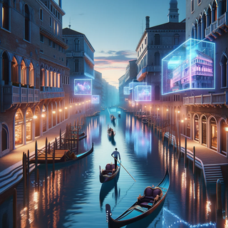 A calming Venetian canal scene during twilight. Neon-outlined gondolas drift silently on the water, guided by robotic gondoliers. The historic architecture juxtaposes with floating holographic signs, creating a reflective ambiance on the canal.