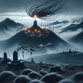 A subdued, cloud-covered mountaintop with windswept dark grasses. Ancient stone sanctuaries stand alongside glowing energy markers, and the horizon features a mix of traditional tents and advanced basecamps.