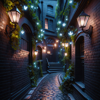 A dark, magical city alleyway where classic brickwork seamlessly blends with modern dark metallic structures. Walls adorned with bioluminescent ivy are illuminated by both traditional gas lanterns and advanced plasma lights.