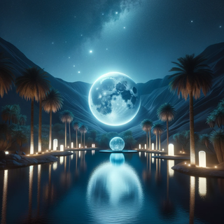 A tranquil oasis under moonlight located in the midst of a dark desert. The waters display a deep blue sheen, mirroring the sky, and ancient palm trees coexist with illuminated modern sculptures. A subdued, cl