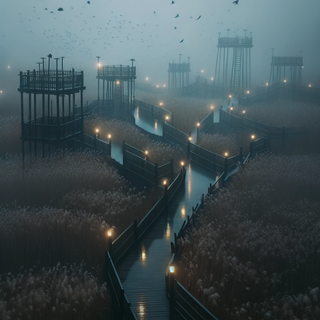 A subdued marshland enveloped in fog, with dark reeds swaying gently. Old wooden pathways cross paths with lit glass platforms, and amidst the mist, both organic birds and their robotic counterparts are visible.