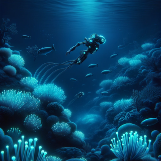A serene underwater scene of a dark coral reef. The waters are lit by bioluminescent marine flora, showcasing a blend of natural sea inhabitants and advanced aquatic robots.