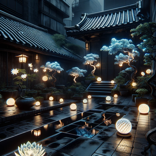 A dark, magical rooftop garden set in an urban environment. Weathered tiles harmoniously merge with sleek pools, and bioluminescent blooms light up amidst traditional bonsai trees.
