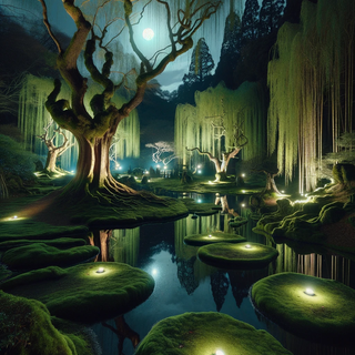 A tranquil grove illuminated by moonlight, where the earth appears covered in dark velvet moss. Ancient willow trees with gleaming leaves overhang pristine ponds, pierced by modern illuminated art structures.