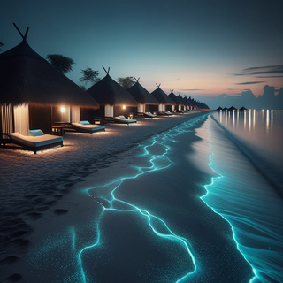 A serene beach during the twilight hours, where the sands appear to soak up the diminishing daylight. Glowing patterns on the shore, created by bioluminescent algae, stand out, and traditional beach shelters contrast with sleek, lit lounging areas.
