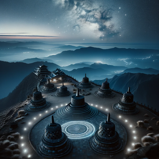 A somber plateau atop a towering mountain, bathed in starlight. Traditional stone altars are encircled by radiant light rings, and the distant horizon reveals a blend of age-old monasteries and modern observatories emitting a subtle gleam.