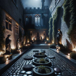A tranquil courtyard illuminated by moonlight within a historic castle. The cobblestone surface seems to glisten with dark, gem-like stones. Antique statues and contemporary water features illuminated from within coexist, while the surrounding walls are draped in shadowy ivy and radiant plants.