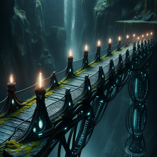 A dark, enigmatic bridge that spans a profound chasm. This bridge, crafted from ancient stone intertwined with modern dark metal, is accentuated with glowing moss. The pathway is lit by both age-old torches and advanced luminous pillars.