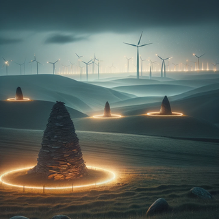 A moody hillside during nighttime, showcasing rolling meadows. Traditional stone cairns encircled by rings of light are set against the backdrop of both historic windmills and sleek glowing turbines.