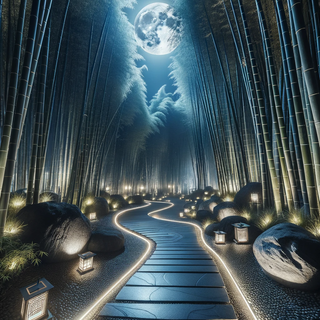 A serene bamboo grove illuminated by moonlight, where the bamboo exhibits dark, metallic shades. Ancient stone paths contrast with modern illuminated walkways, and the ambiance is set by a mix of classic lanterns and advanced glowing orbs.