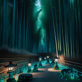 A tranquil bamboo grove during twilight, with bamboo stems seemingly absorbing the waning daylight. Glowing insects leave luminescent trails in the air, and the scene is punctuated by both traditional stone lanterns and contemporary illuminated art pieces.