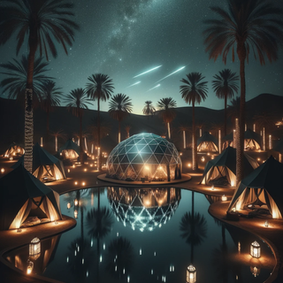 A starlit desert oasis, where shadowy palm trees encircle a gleaming pool. Traditional tents stand alongside modern, illuminated geodesic domes, and the night sky is animated with meteor streaks and floating lanterns.