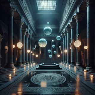 A serene, moonlit atrium located within an ancient palace. Dark marble architecture contrasts with levitating illuminated sculptures. The floor, decorated with age-old mosaics, is further beautified by hovering orbs of luminescence.
