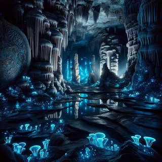 A dark, captivating underground cave, where dark crystal stalactites and stalagmites are enhanced by glowing fungi. Deep indigo pools mirror the radiant lights, and the cave walls are adorned with both ancient engravings and modern holographic projections.