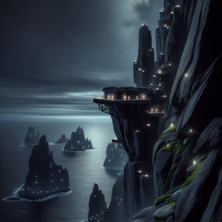 A somber cliff edge under a starry sky, overlooking a vast ocean expanse. The dark rock formations are accentuated by glowing moss, and viewing spots vary from traditional outlooks to sleek, lit platforms. The distant horizon features floating islands and luminous signals.