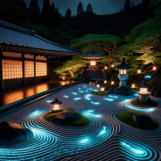 A peaceful, nighttime zen garden. The meticulously raked sands exude a gentle luminescence, and ponds are inhabited by glowing koi fish. Stone lanterns of yore stand in contrast with contemporary, changing patterned art installations affected by the wind.