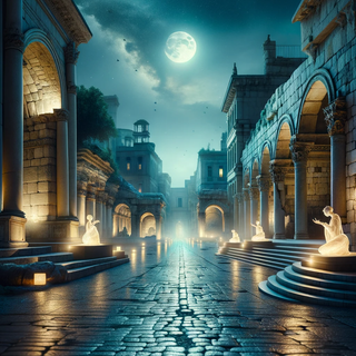 A tranquil, moonlit scene of ancient city ruins. Dark cobblestone pathways lead to squares highlighted by illuminated water fountains. Historical arches coexist with glowing modern sculptures, accompanied by the soft, ambient sound of hidden technology.