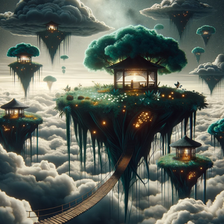 A dark, surreal floating garden set amidst the skies. Velvety clouds cradle soil-rich islands where radiant flowers bloom. These islands are interconnected by old wooden bridges, and shelters range from traditional gazebos to modern glass sanctuaries.