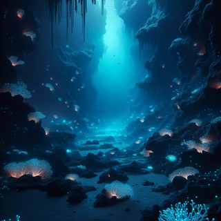 A serene, shadowy underwater cave. The waters exude a deep blue glow, and luminescent coral structures offer refuge to both natural marine creatures and advanced robotic sea entities.