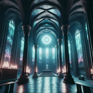 A tranquil, moonlit interior of an apparently abandoned cathedral. Dark stone pillars uphold a vaulted ceiling, and the stained-glass windows radiate with a supernatural light. Ancient altars stand in contrast with modern, glowing holographic displays.
