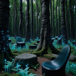 A dark, mystical forest glade with trees that have bark resembling obsidian. The ground is carpeted with radiant ferns, and seating ranges from ancient stone benches to futuristic transparent chairs. Overhead, fireflies dance alongside floating luminous orbs.