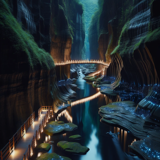 A tranquil, shadowy canyon where the waters mirror the celestial night sky. The rock faces are highlighted by glowing moss, and both age-old wooden bridges and modern lit pathways traverse the waters, linking the opposing sides.
