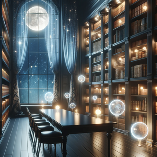 A peaceful, moonlit interior of a library with towering dark wooden bookshelves stocked with historical books. Shimmering drapes embellish the windows, and in the serene ambiance, hovering light orbs act as reading lamps beside state-of-the-art holographic desks.
