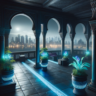 A dark, enigmatic rooftop terrace situated in an old city. The dark marble flooring contrasts with the radiant plants in decorative containers. Traditional arches offer glimpses of the contemporary city skyline, illuminated by both natural moonlight and advanced neon lights.