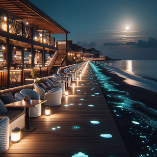 A tranquil beachside boardwalk during the evening. The wooden walkway is embellished with glowing seashells, and venues range from classic beach cafés to contemporary, lit lounges, all offering views of the moonlit sea.