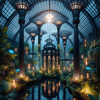 A peaceful, moonlit conservatory with towering dark iron frameworks that hold up a glass canopy. Within, age-old tropical flora coexists with floating, lit botanical exhibits, and the ambiance is enriched with the gentle chirping of high-tech birds.