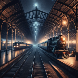 A somber, starry night at an abandoned train station. Dark platforms feature both traditional wooden seating and modern, lit art pieces. In the distance, the tracks lead to a blend of classic steam locomotives and futuristic maglev trains.