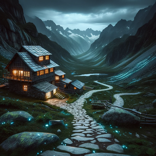 A peaceful, shadowy mountain pass during a cloud-covered night. The trails are marked with glowing stones, and shelters range from traditional stone constructions to contemporary, illuminated mountain lodges.