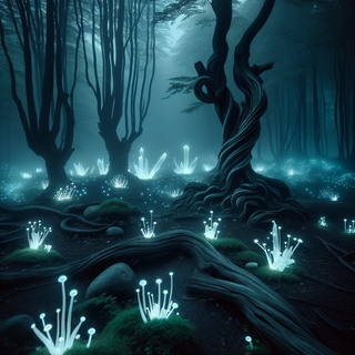 A dark, enigmatic clearing in a woodland during a misty evening. The ground is highlighted with glowing mushrooms, and ancient, gnarled trees coexist with illuminated crystal structures. The fog carries the ambient glow from both age-old lanterns and floating luminous orbs.
