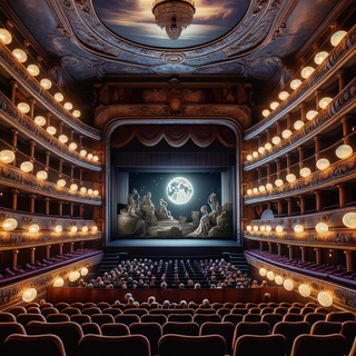 A tranquil, moonlit interior of an opera house adorned with ornate dark woodwork. The stage displays a mix of historic tapestries and modern, radiant 3D visuals. The seating area is illuminated by soft, hovering orbs that provide a gentle light.