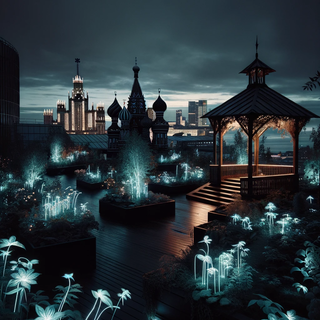 A somber rooftop garden under a starry sky, located in a bustling city. The dark vegetation contrasts with glowing blooms, and traditional wooden shelters coexist with modern, illuminated art exhibits. The distant city skyline showcases a blend of historic towers and avant-garde skyscrapers.