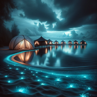 A peaceful oasis during a cloud-covered evening. The waters exude a deep blue radiance, and the sandy edges are dotted with glowing flora. Classic tents stand adjacent to modern, lit pods that offer refuge.