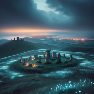 A tranquil, shadowy hilltop during a cloudy evening. The grassy mound is adorned with luminous flowers, with both historic stone circles and advanced, glowing sculptures present. A softly glowing city skyline can be seen in the distance.