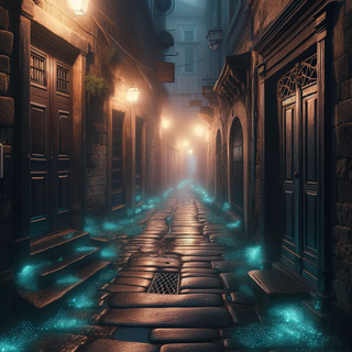 A dark, mysterious alleyway in an old town during a misty night. The cobblestoned walkway is highlighted with radiant moss, and doors range from ancient wooden styles to contemporary, illuminated storefronts. The fog amplifies the glow of hovering lanterns and neon signage.